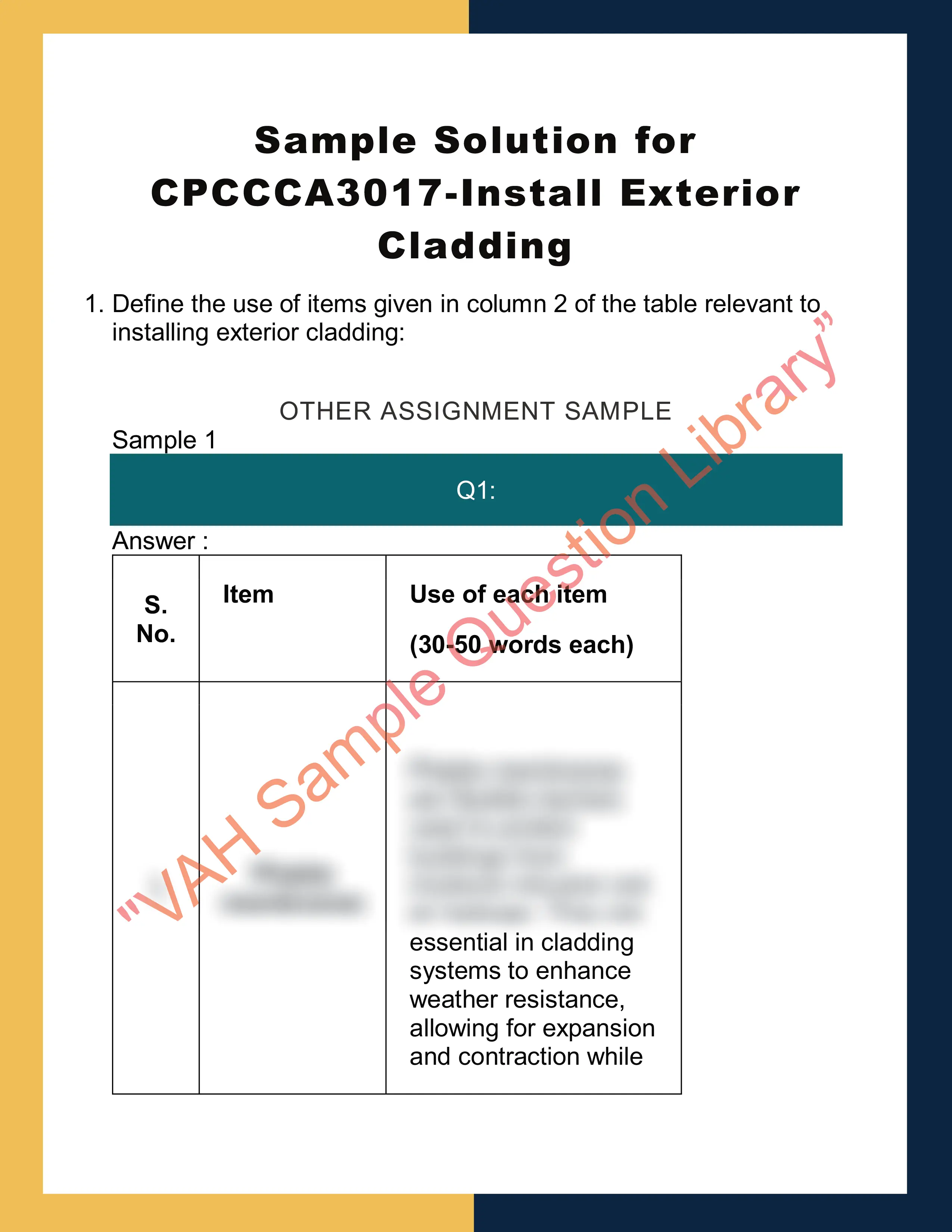 Sample Solution for CPCCCA3017-Install Exterior Cladding 0